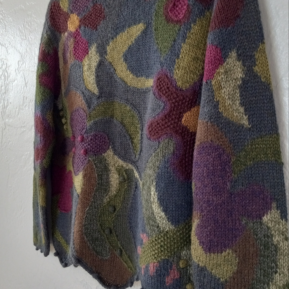 Peruvian Connection Aplaca Sweater Floral Patchwork Embroidery Pom Pom Artsy - Picture 6 of 16